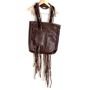 Unique Funky Purse Handbag Over the Shoulder Brown Detailed Leather w/ Ropes